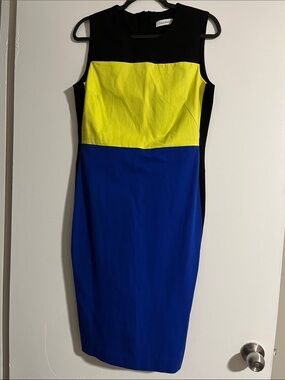 Calvin Klein Black, Yellow & Blue Colorblock Midi Sheath Dress